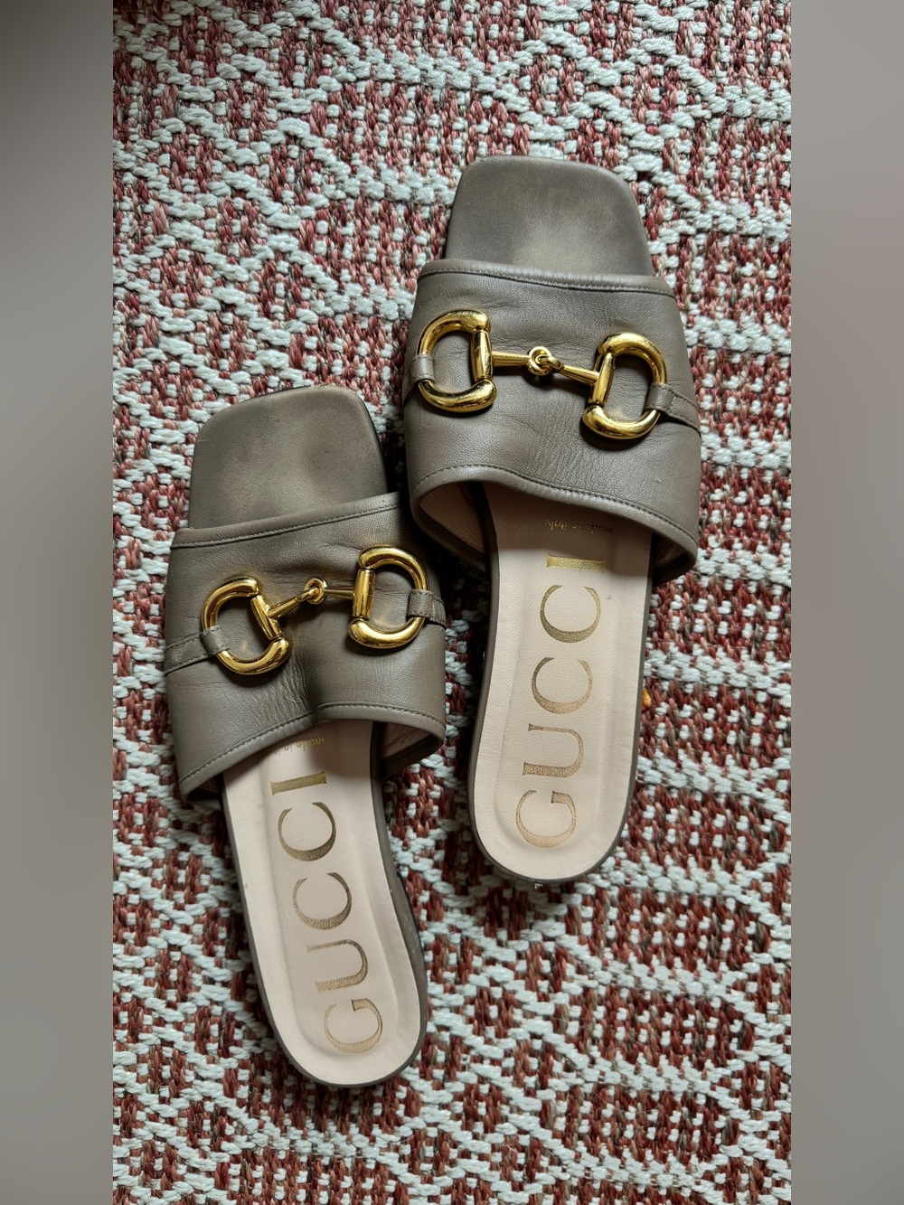 *AS IS* Gucci Taupe Leather Horsebit Flat Slides